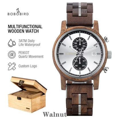 Wooden Men's Watch BOBOBIRD New Top Japanese Miyota Wristwatch Sports Chronograph Calendar Custom Gift Box Relogio Masculino