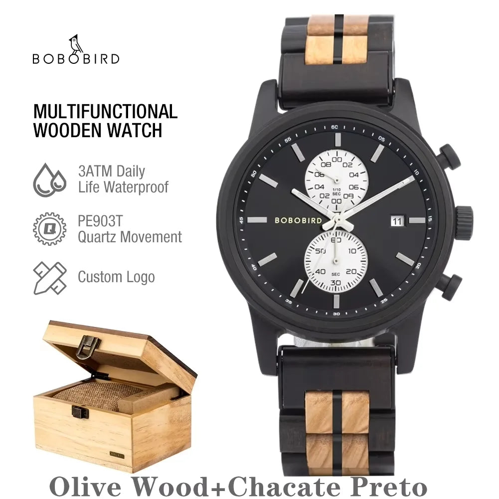 Wooden Men's Watch BOBOBIRD New Top Japanese Miyota Wristwatch Sports Chronograph Calendar Custom Gift Box Relogio Masculino