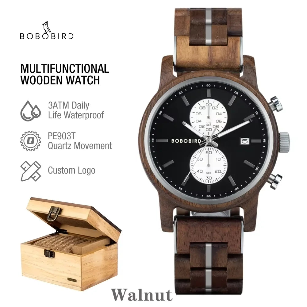 Wooden Men's Watch BOBOBIRD New Top Japanese Miyota Wristwatch Sports Chronograph Calendar Custom Gift Box Relogio Masculino