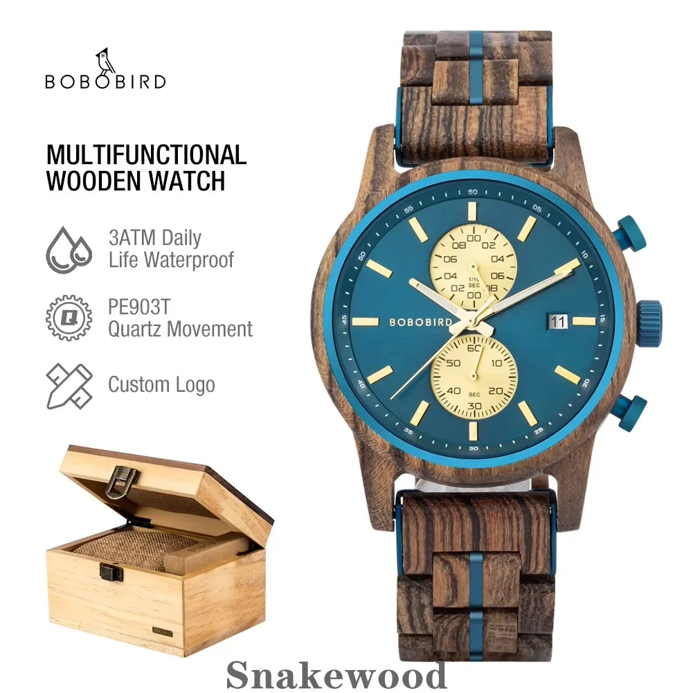 Wooden Men's Watch BOBOBIRD New Top Japanese Miyota Wristwatch Sports Chronograph Calendar Custom Gift Box Relogio Masculino